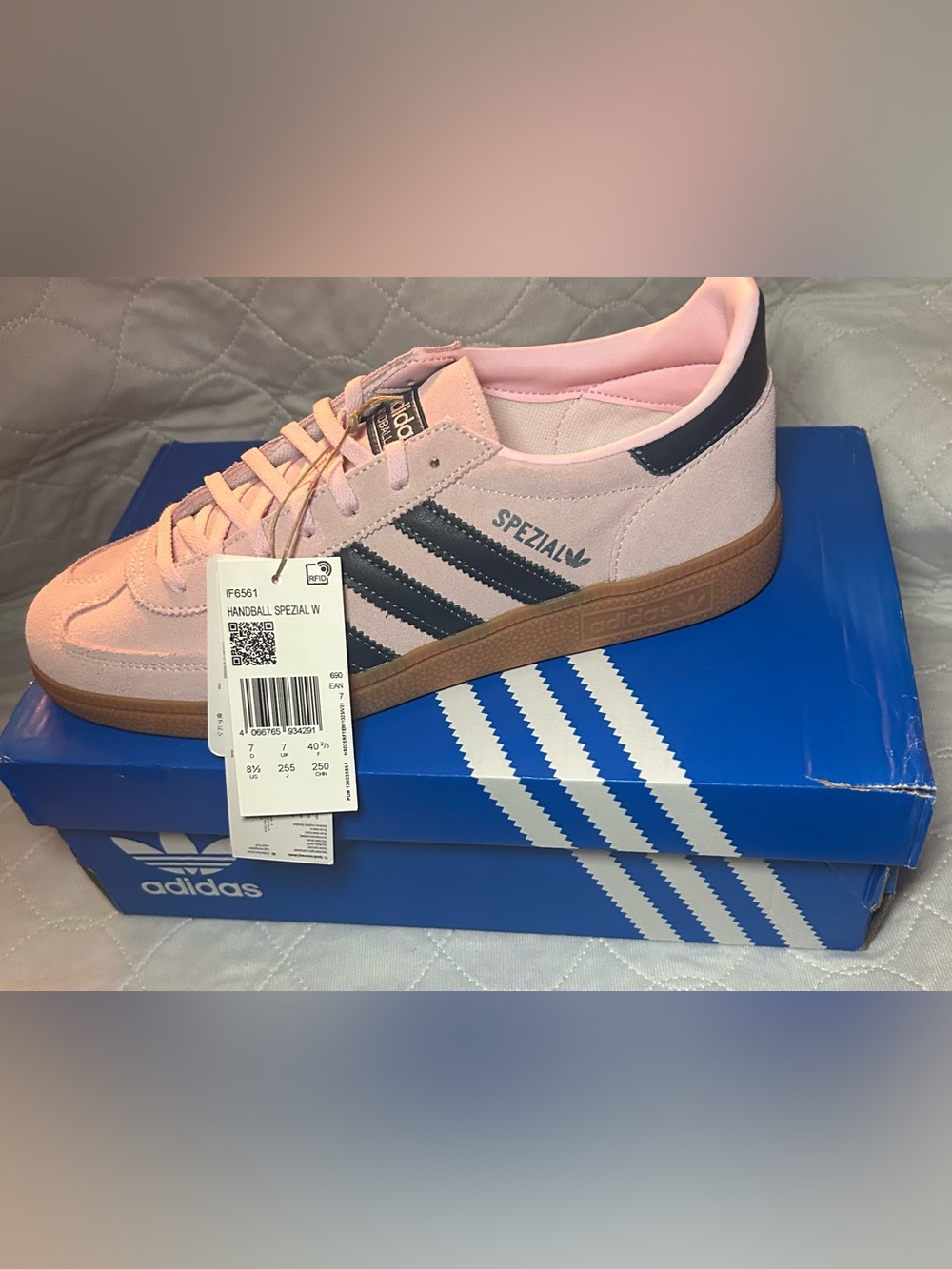 adidas Spezial Womens Pink Suede Sneakers with Navy Stripes and Gum Sole
